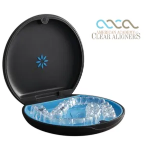 Clear dental aligners inside a black case with blue interior from Sun Park Dental.