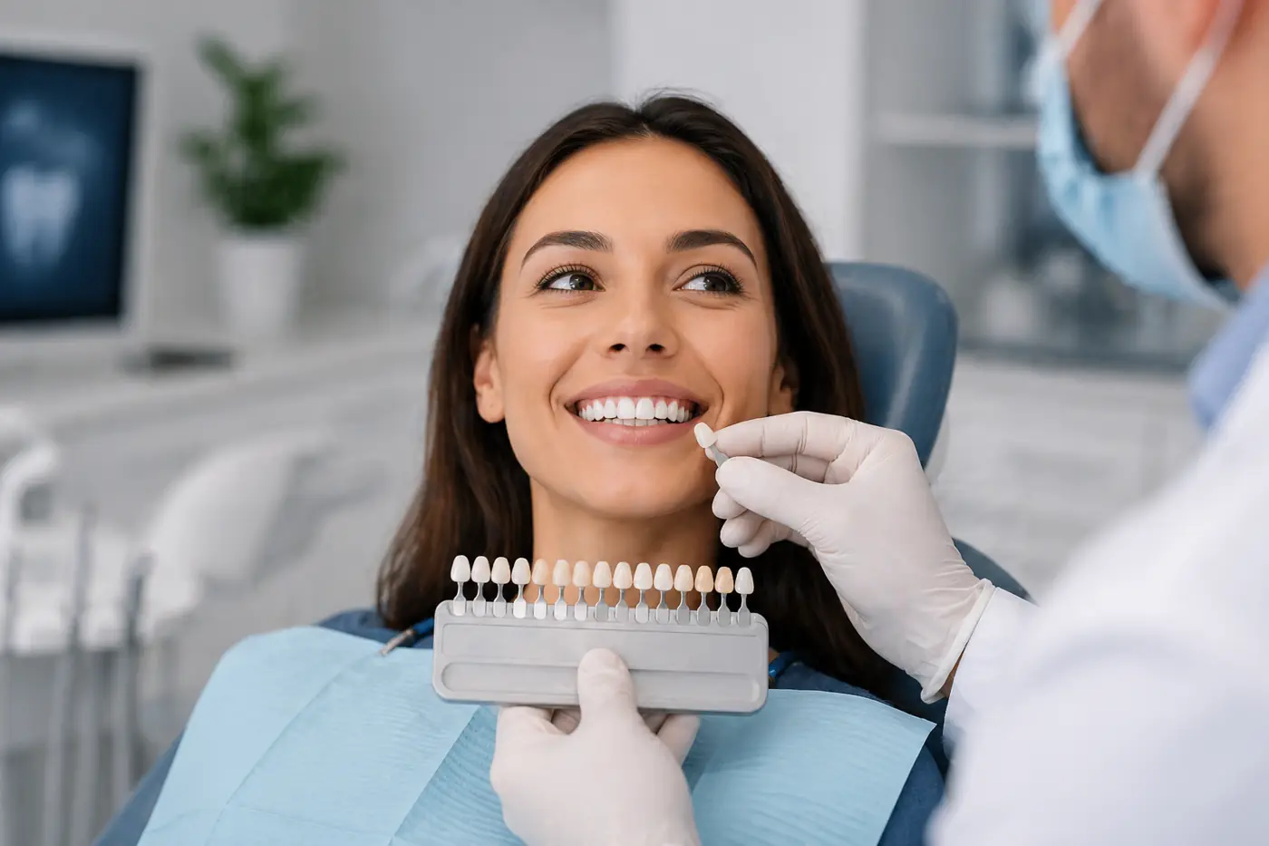 Patient choosing teeth whitening shade during cosmetic dental consultation in Rocklin CA