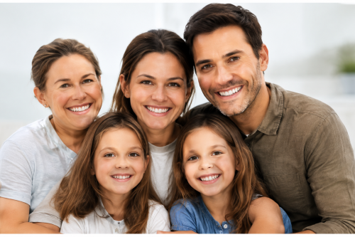 Família reunida sorrindo para a câmera em ambiente residencial